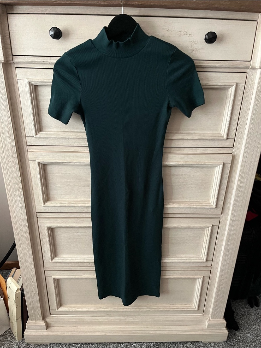 Zara Forest Green Mock Neck Short-Sleeve Midi Dress